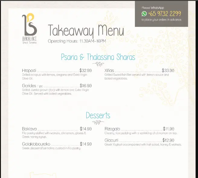 BAKALAKI GREEK TAVERNA SINGAPORE MENU PRICES