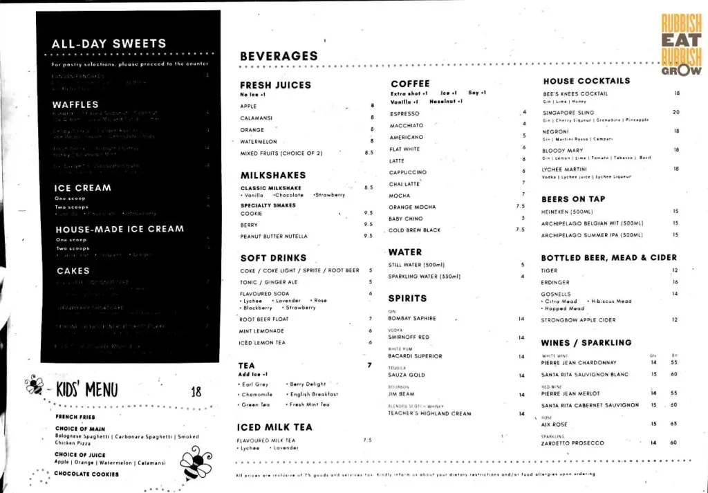 BEE’S KNEES SINGAPORE MENU