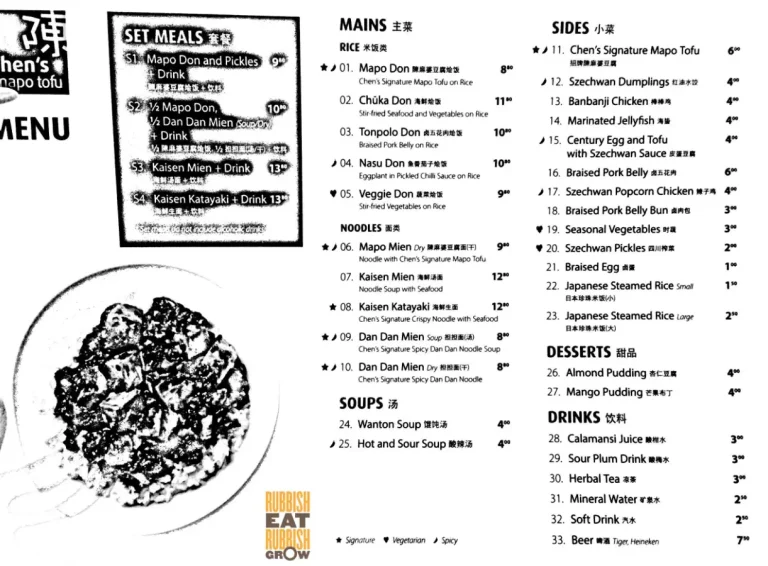 CHEN’S MAPO TOFU SINGAPORE MENU PRICES