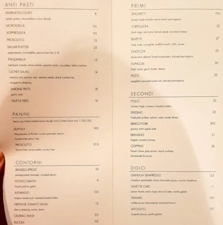 CICHETI SINGAPORE MENU