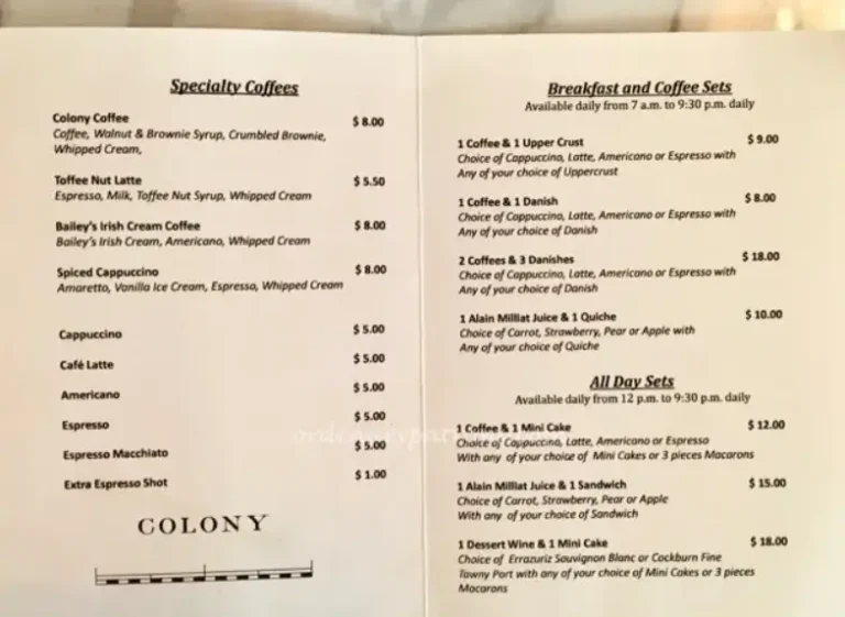 COLONY SINGAPORE MENU PRICES