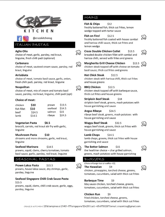 CRAZE KITCHEN SINGAPORE MENU