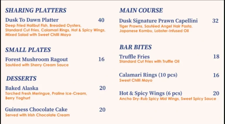 DUSK RESTAURANT & BAR SINGAPORE MENU PRICES