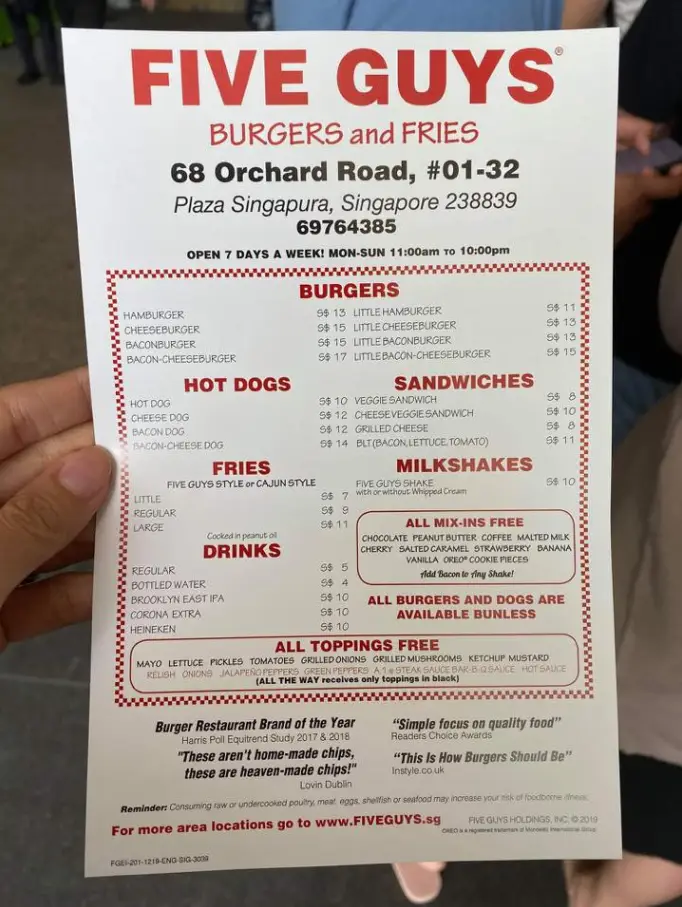 FIVE GUYS SINGAPORE MENU