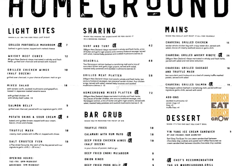 HOMEGROUND SINGAPORE MENU PRICES