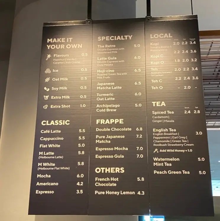 HUGGS COFFEE SINGAPORE MENU