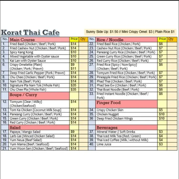 KORAT THAI SINGAPORE MENU