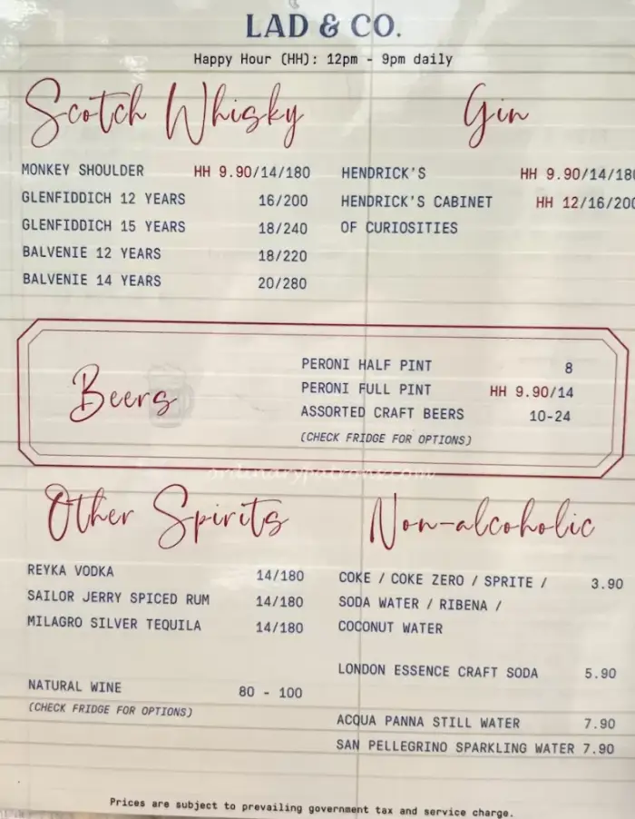 LAD & CO SINGAPORE MENU PRICES