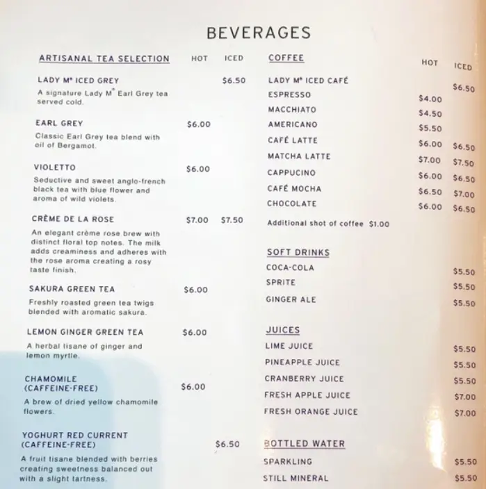 LADY M SINGAPORE MENU