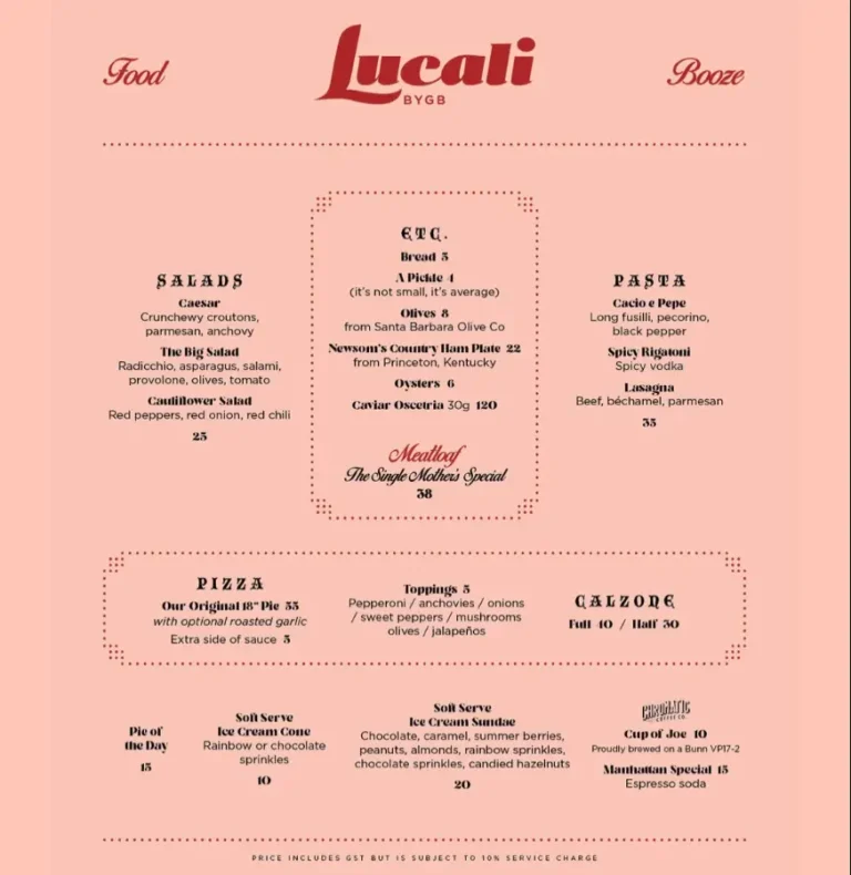 LUCALI SINGAPORE MENU PRICES