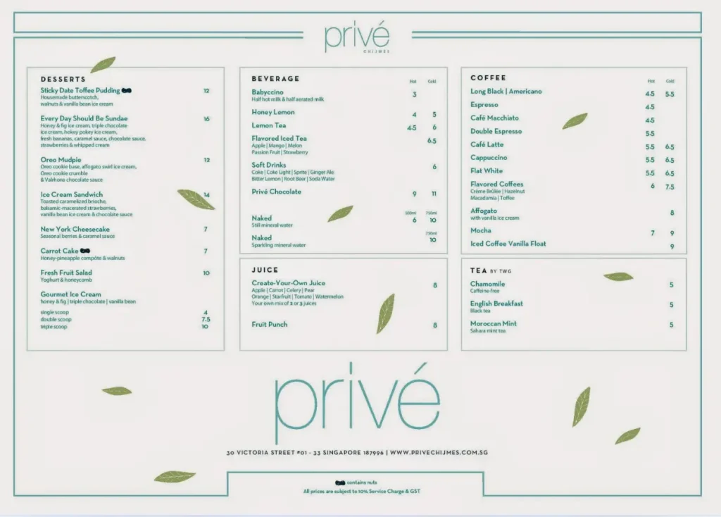 PRIVE SINGAPORE MENU