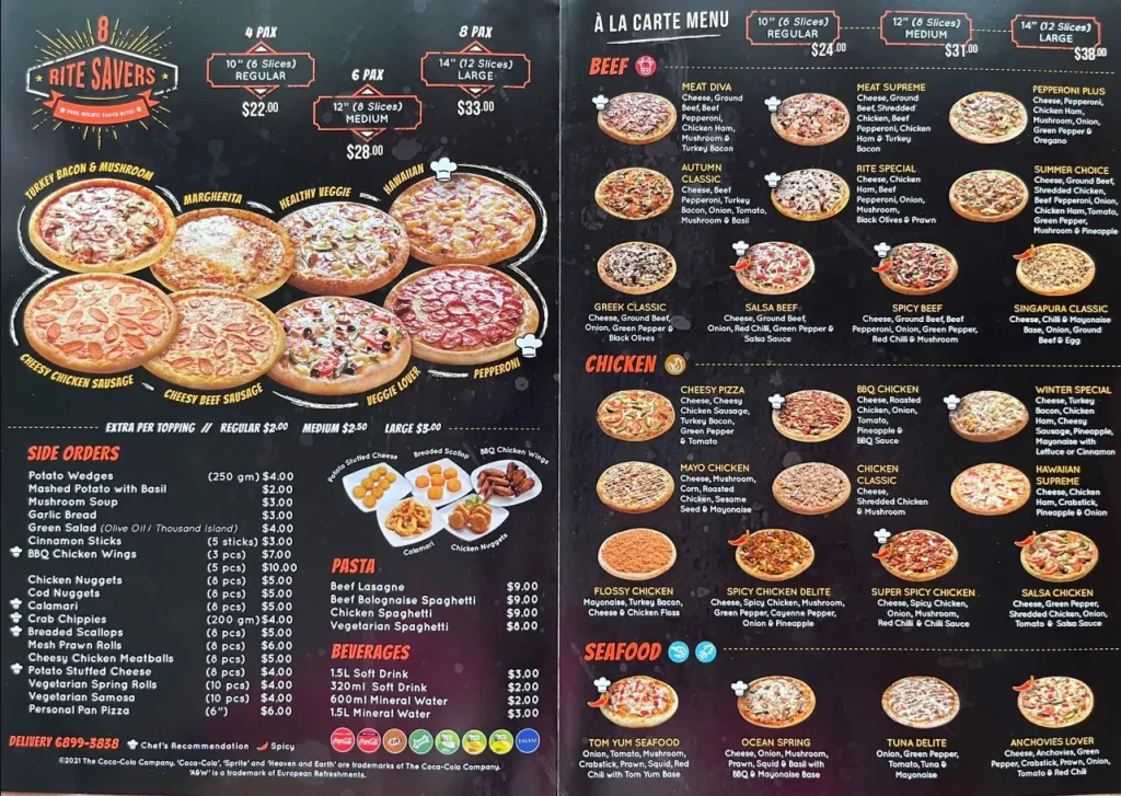 RITE PIZZA SINGAPORE MENU