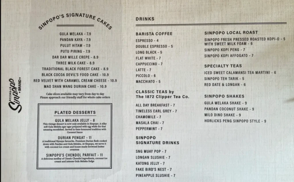 SINPOPO SINGAPORE MENU