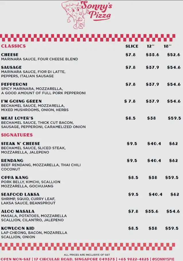 SONNY’S PIZZA SINGAPORE MENU PRICES