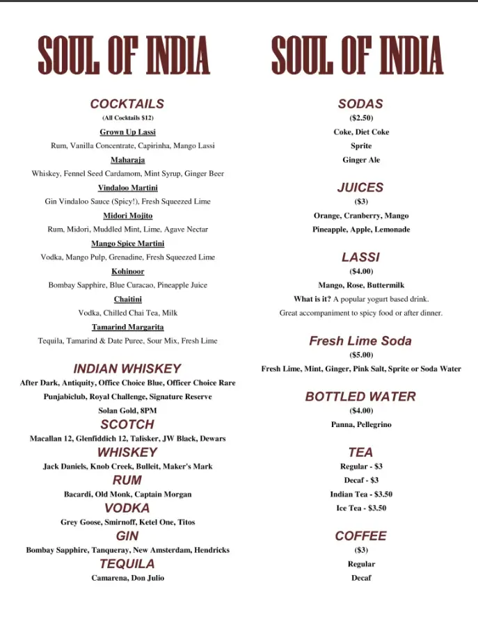 SOUL OF INDIA SINGAPORE MENU PRICES