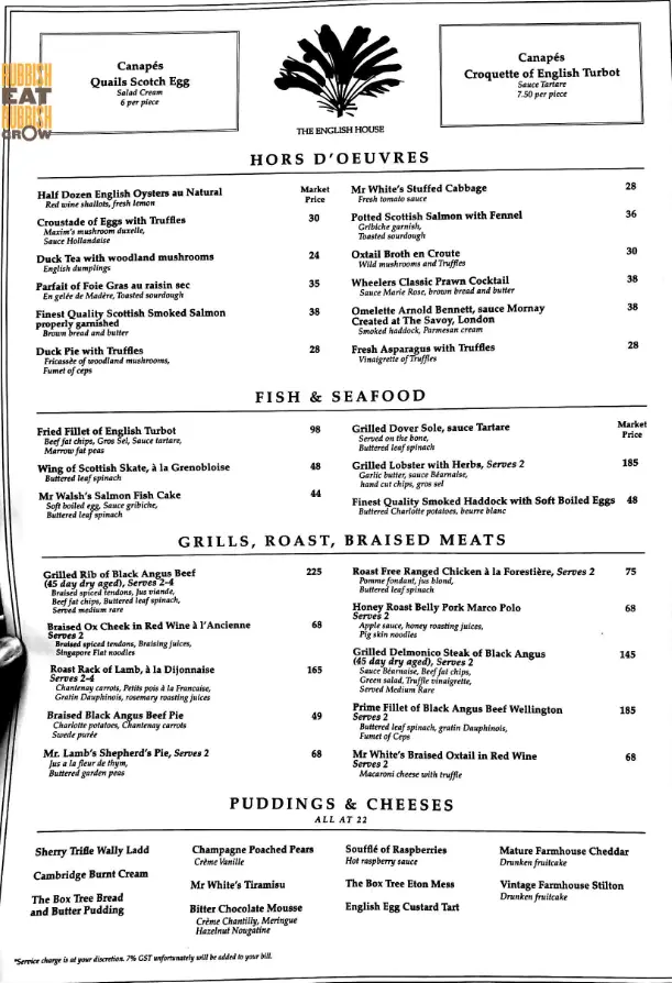 THE ENGLISH HOUSE SINGAPORE MENU PRICES