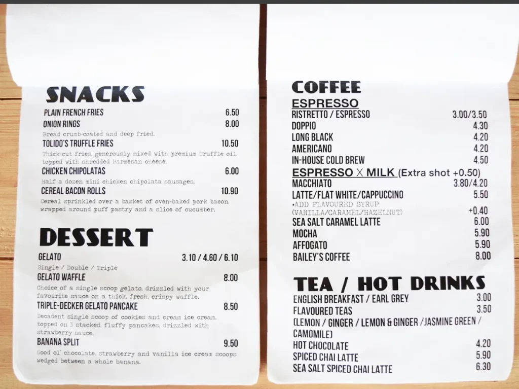 TOLIDO’S ESPRESSO NOOK SINGAPORE MENU