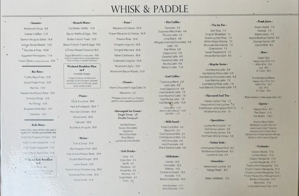 WHISK & PADDLE SINGAPORE MENU